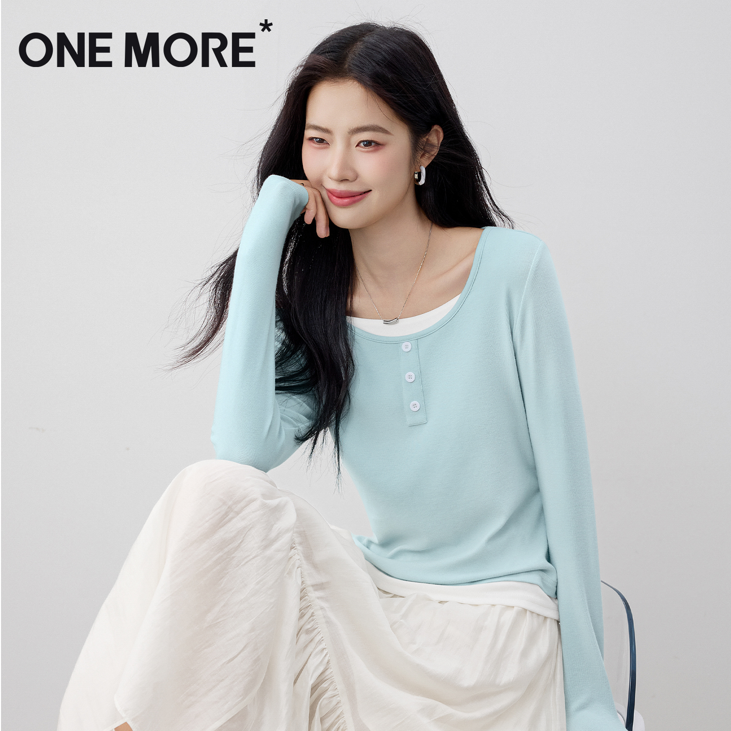 onemore长袖t恤女秋假两件上衣