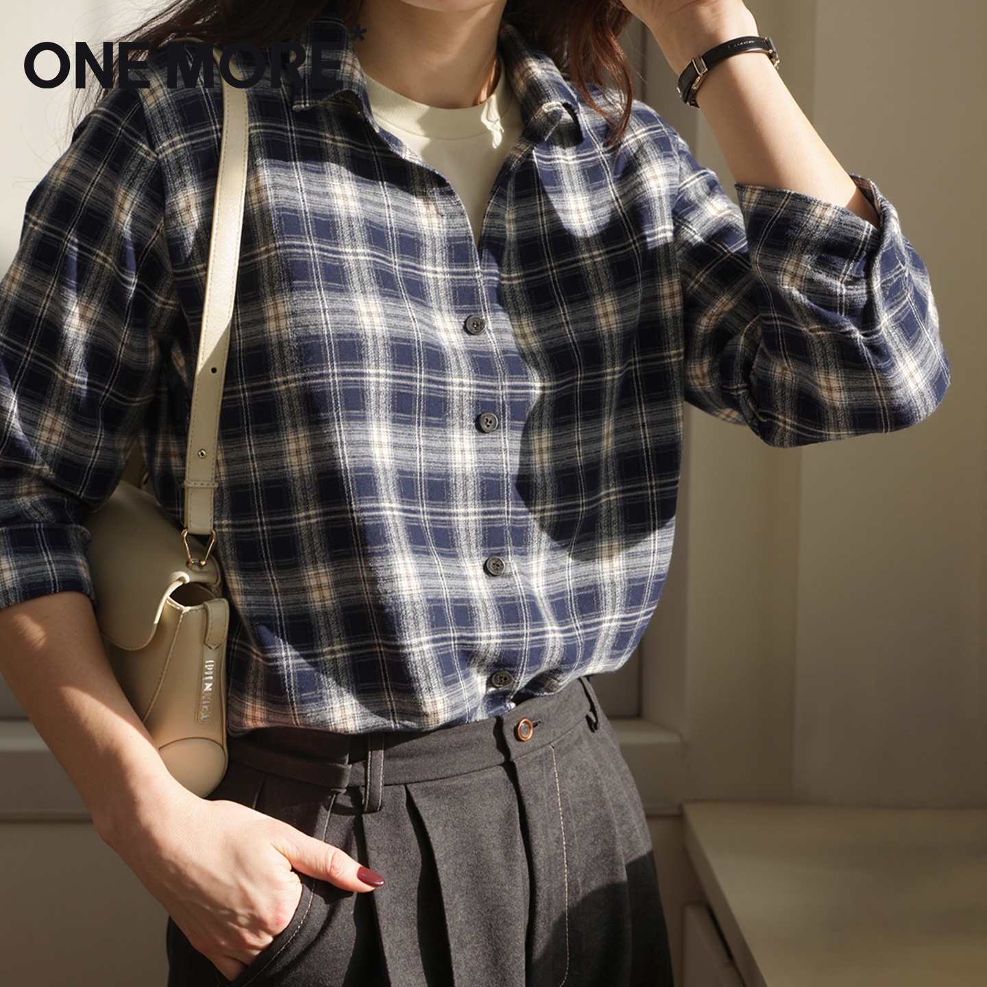 格子衬衫女秋季复古长袖衬衣外套