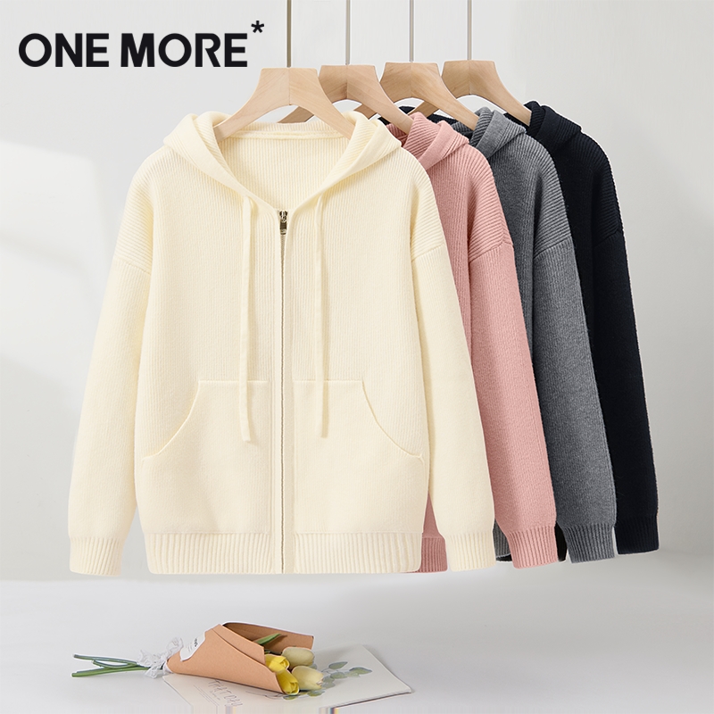 one more白色连帽针织开衫女秋冬季加厚慵懒风软糯休闲简约外套S