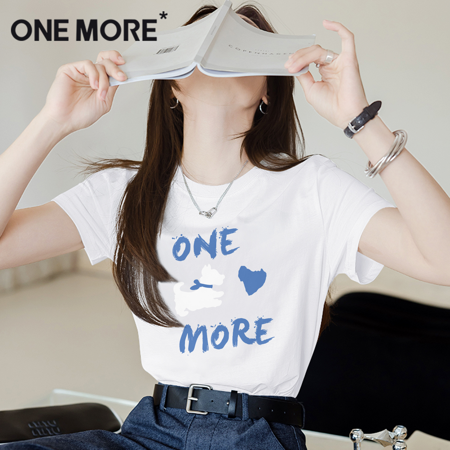 onemore白色凉感短袖t恤女正肩