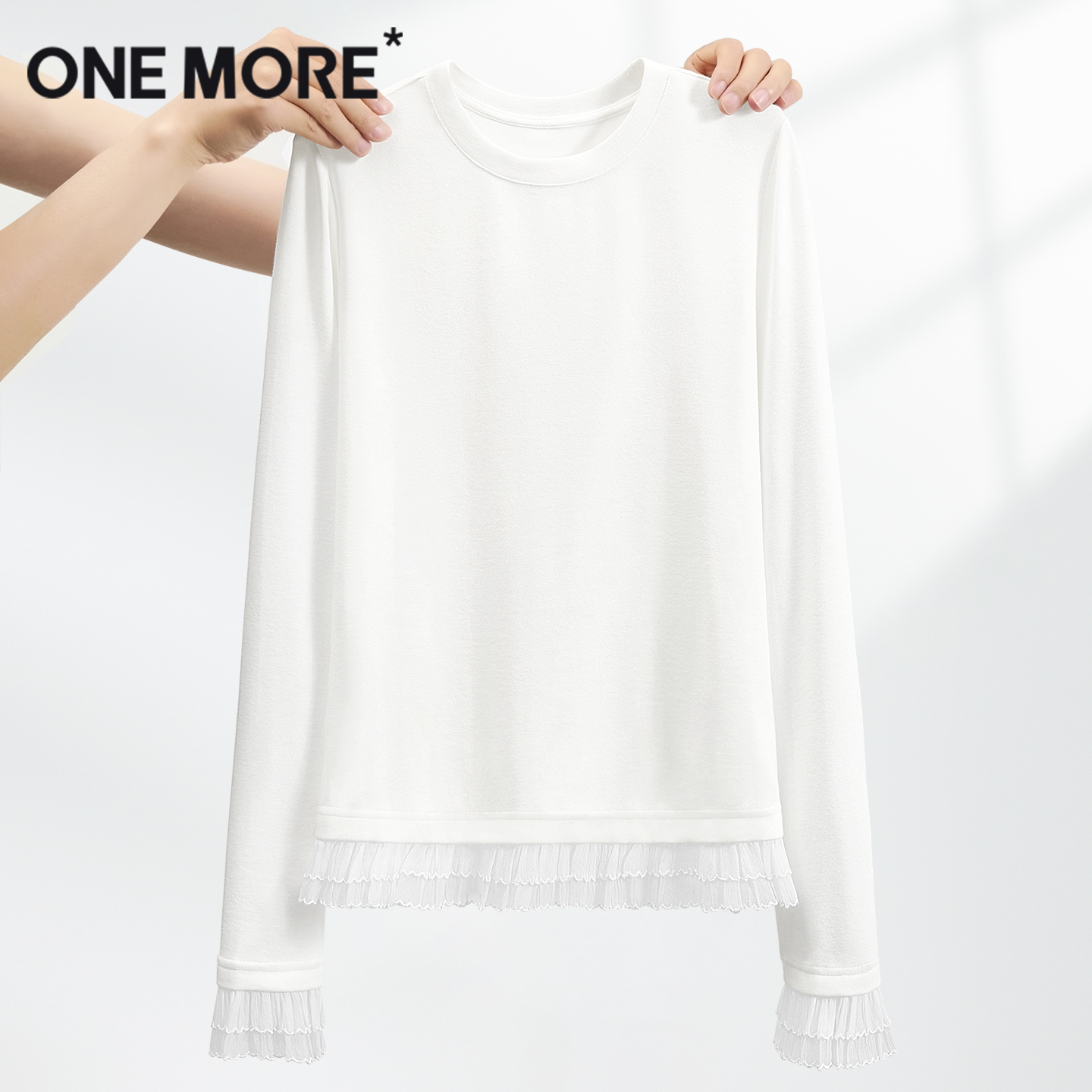 onemore白色长袖t恤女蕾丝拼接