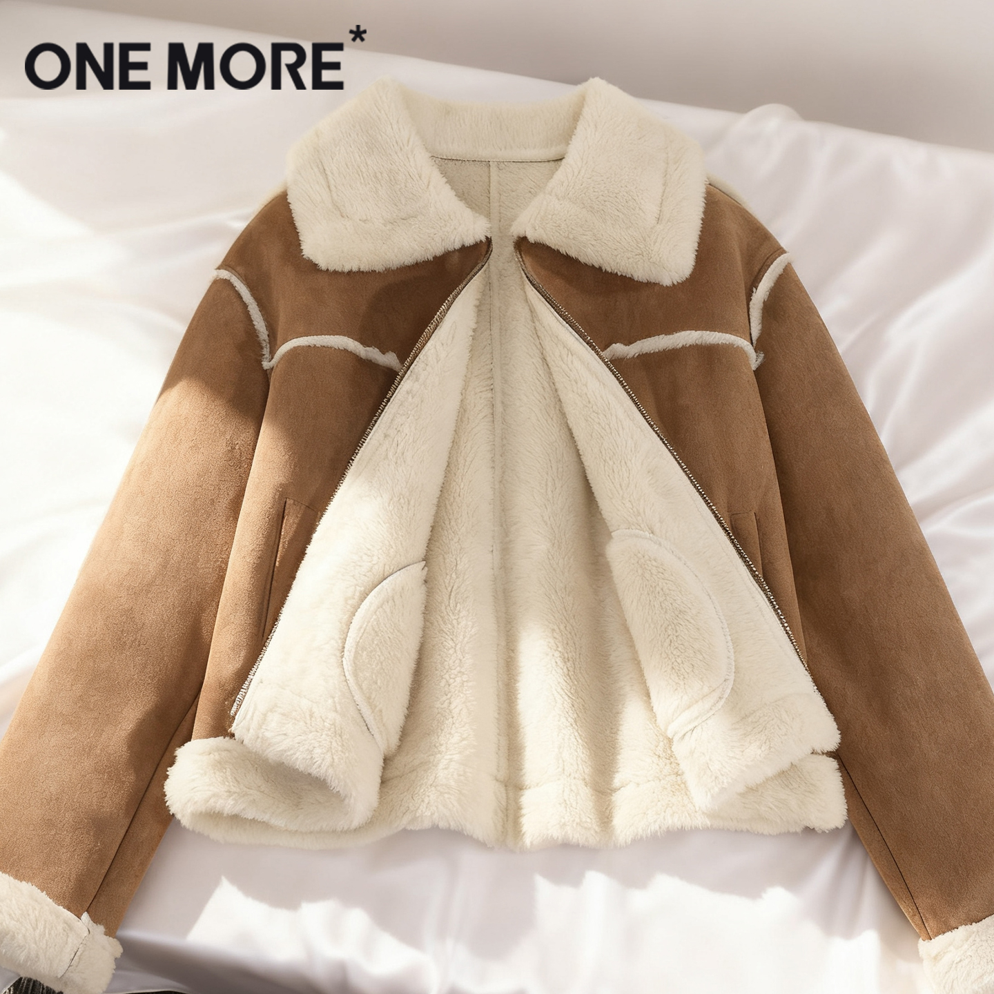 onemore棕色麂皮羊羔绒外套女