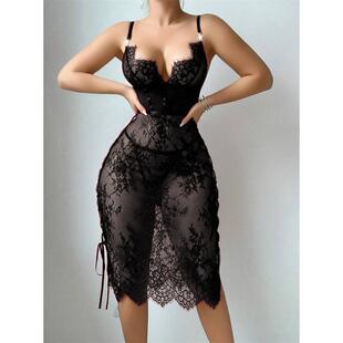 Sexy lingerie lace hollow red sexy lingerie dress nightgown