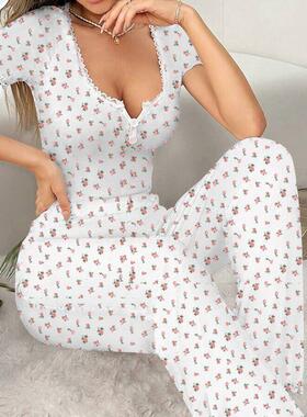 Pajamas floral prints lettuce rolls long pants set women