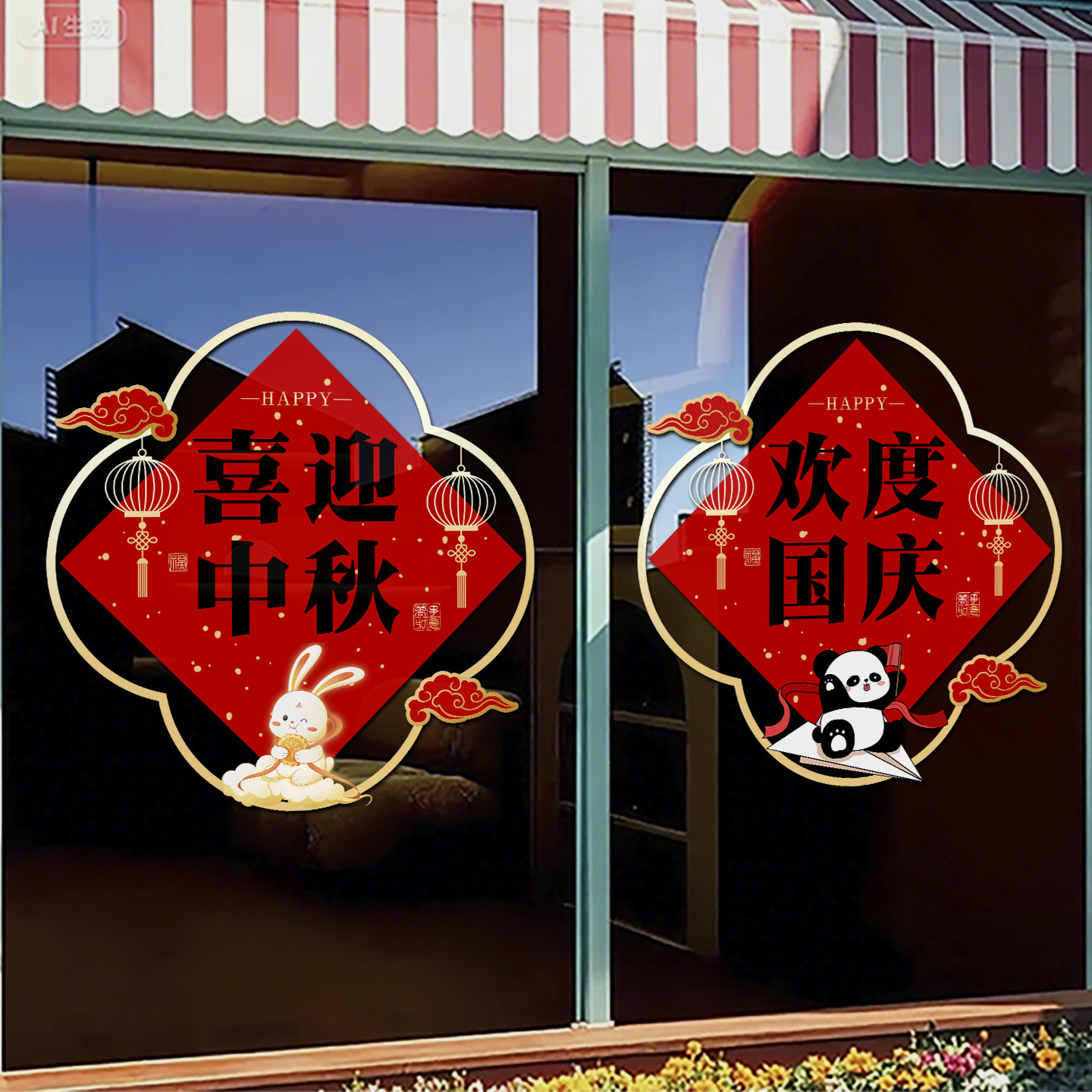 中秋国庆节玻璃门贴纸中秋团圆国庆节酒店商场店铺节日静电贴4349