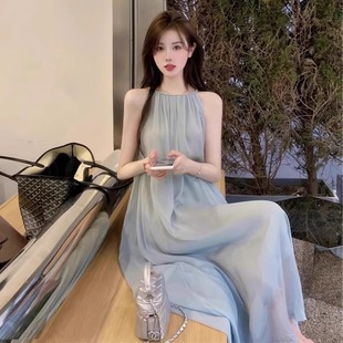 法式 高級感掛脖吊帶連衣裙子 新款 歐洲站海邊度假沙灘裙女2025夏季