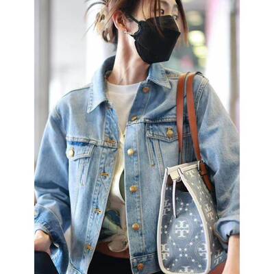 法国明星刘雯同款牛仔外套女2025秋冬新款浅蓝色覆古宽松短款夹克