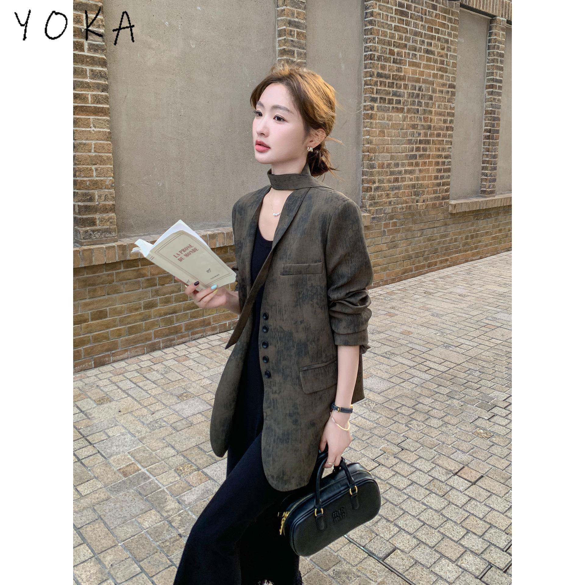 咖色西装套装女2026春秋新款设计感晕染飘带休闲西服连衣裙两件套