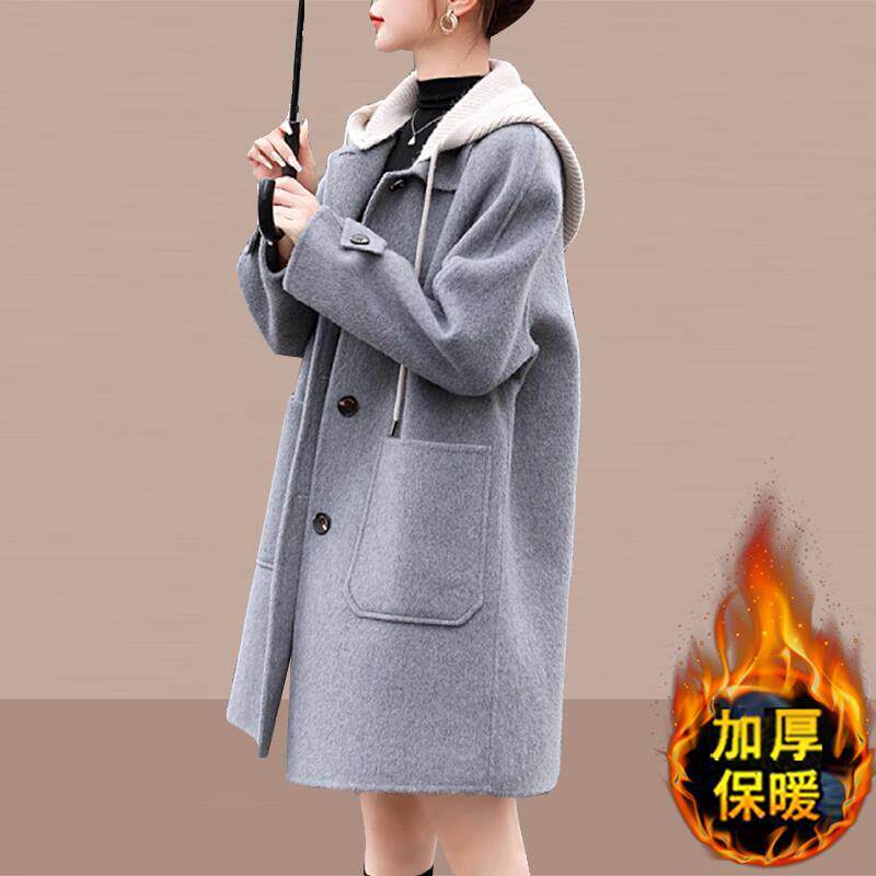 高级感小个子毛呢风衣外套女2025秋冬中长版加厚灰色连帽呢子大衣