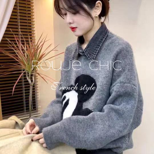 法国rouje chic法式高级感牛仔拼接软糯针织衫女秋冬卡通刺绣毛衣