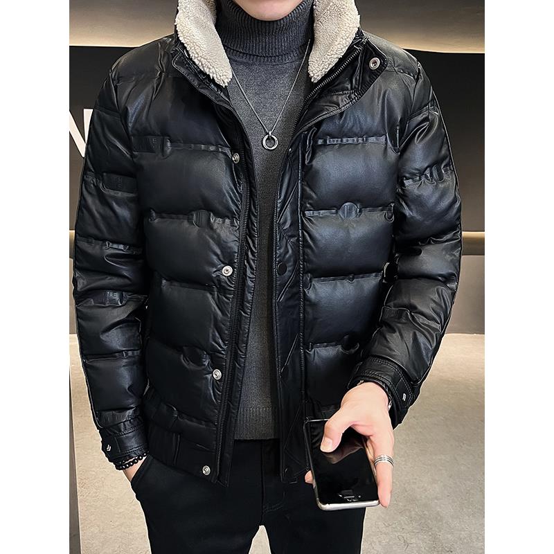 TWG皮羽绒服男士短款秋冬新款加厚高级感加绒立领皮夹克毛领外套