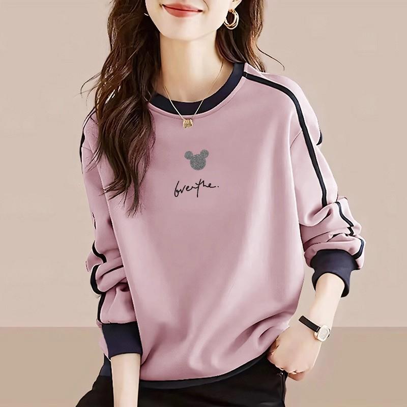 香港TIMO秋冬加绒加厚纯棉长袖显瘦落肩拼色卫衣减龄洋气百搭上衣