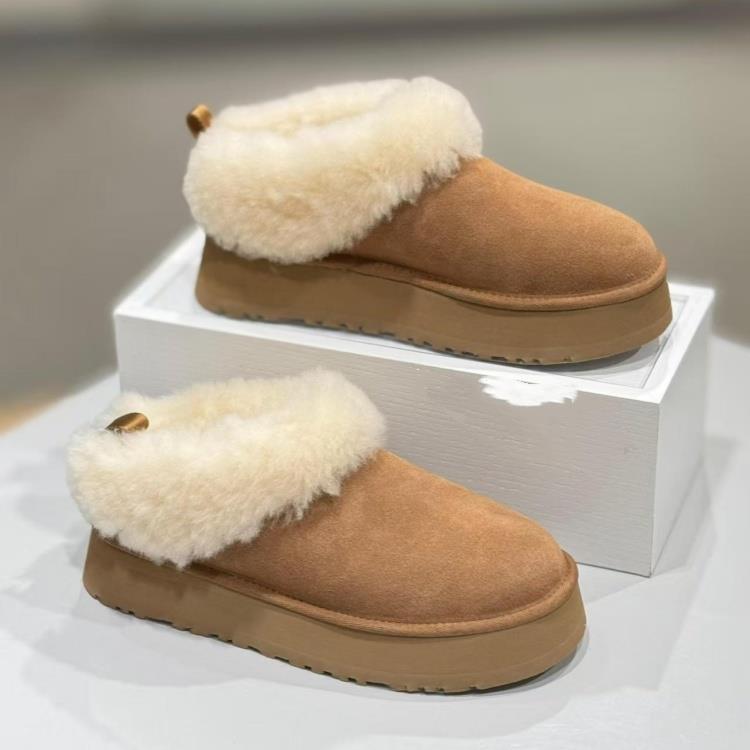 香港冬季新款女士磨砂牛皮雪地靴休闲舒适厚底毛茸茸塔茨勒便棉鞋