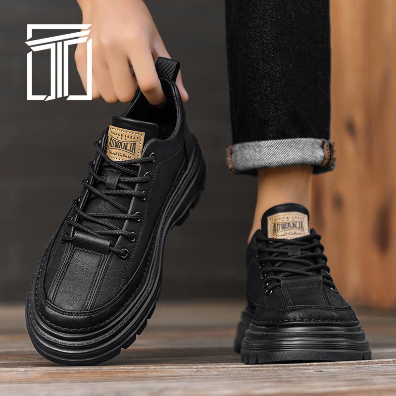 香港ITMY3 冬季新款男鞋皮面加绒保暖马丁鞋厚底增高工装休闲板鞋