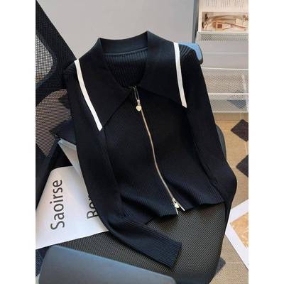 法式双拉链Polo领针织开衫外套女春秋季毛衣修身显瘦小众别致上衣