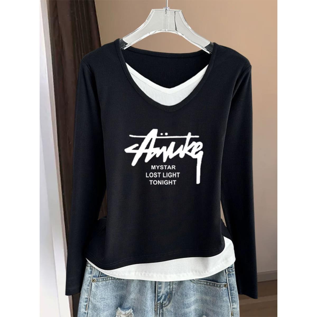 韩国设计感V领假两件长袖t恤女纯棉休闲时尚打底衫秋冬新款上衣