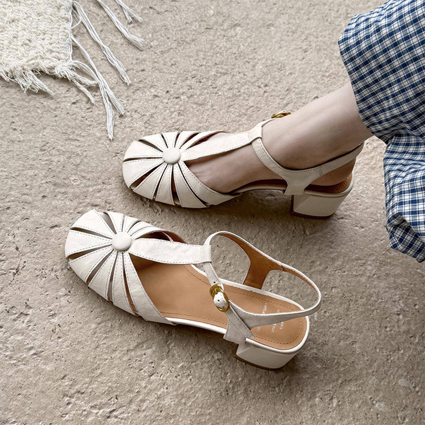 A.D Hepburn~法式丁字带粗跟包头凉鞋女高级感小众镂空罗马高跟鞋