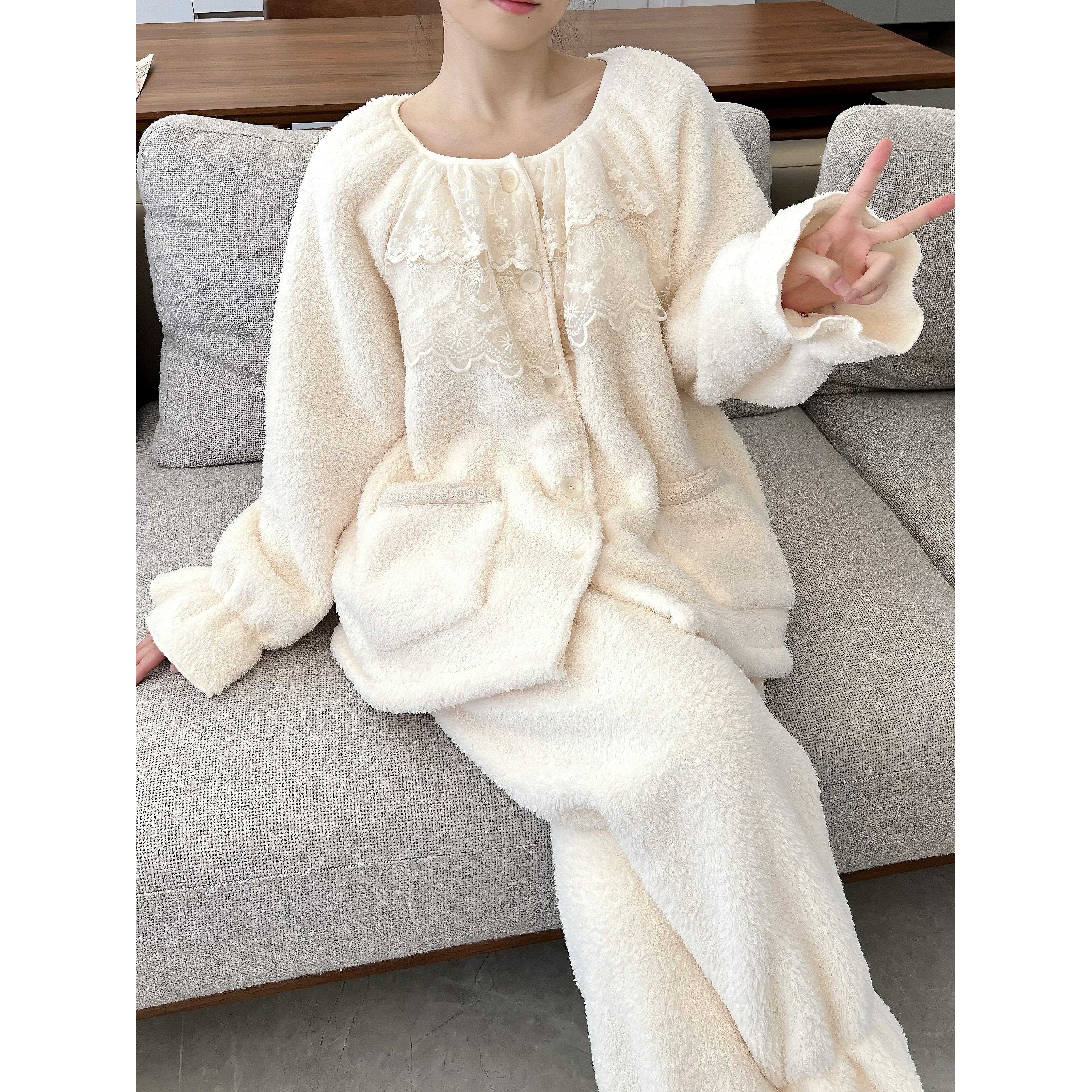 韩版甜美蕾丝花边米粒绒睡衣女2025秋冬小个子公主风可外穿家居服