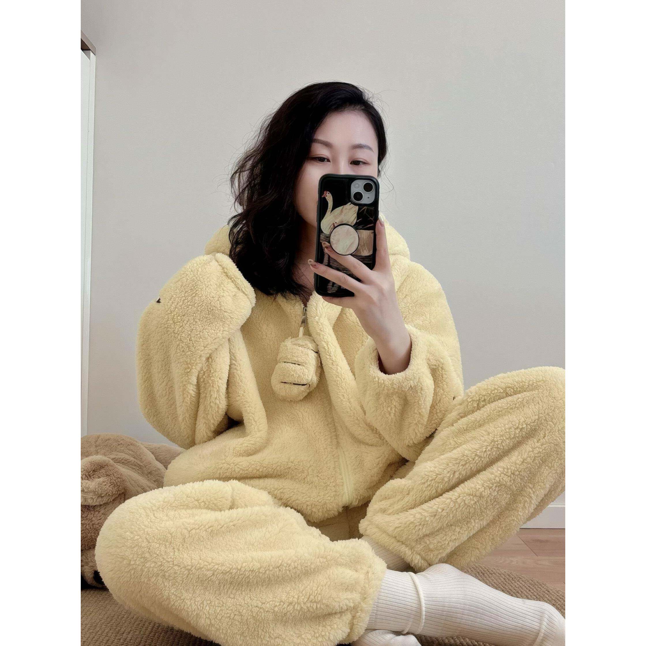 韩版奶油风黄色卡通连帽拉炼睡衣女2025冬季加绒加厚可外穿家居服