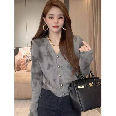 韩国长袖晕染针织衫女秋季新款毛衣开衫打底衫软糯百搭V领上衣潮