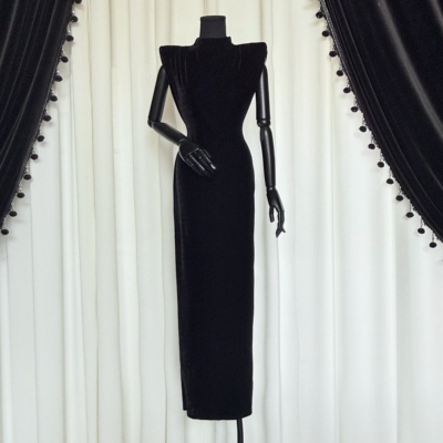 春秋丝绒名媛无袖收腰显瘦连衣裙