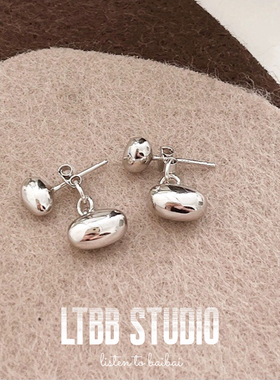LTBB 通体S925银韩国东大门INS椭圆大小豆气质复古工艺个性耳钉女