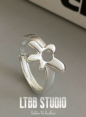 LTBB S925银甜酷异形小花戒指女韩版小众设计可调节食指戒ins风