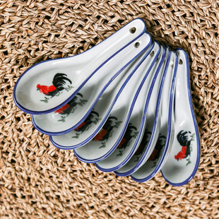 怀旧陶瓷汤勺调羹青花勺公鸡勺三弯纯白勺子家用糖水店餐饮店用勺