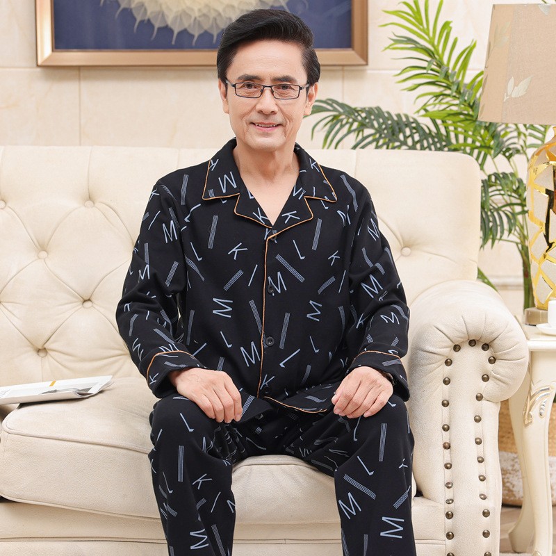 棉质中老年秋冬季开衫长袖长裤男士睡衣爸爸翻领简约家居服套装男