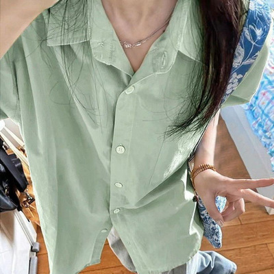 薄荷曼波风薄荷绿短袖衬衫女春夏2025新款日系休闲开衫上衣外套