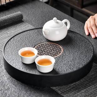 圆形旋转仿乌金石头茶盘高档家用茶具干泡茶台排储水沥水托盘轻奢
