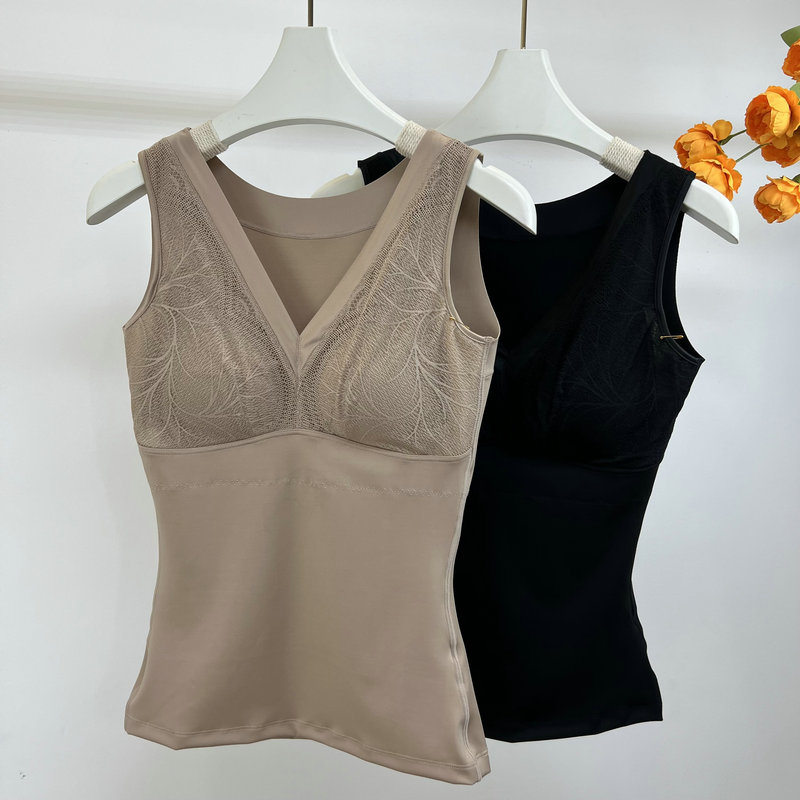 2025新款秋冬V领保暖背心女轻塑打底内搭上衣中长款蚕丝内杯内衣