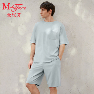 曼妮芬男士睡衣短袖短裤春夏薄款宽松棉质凉感家居服起居服套装
