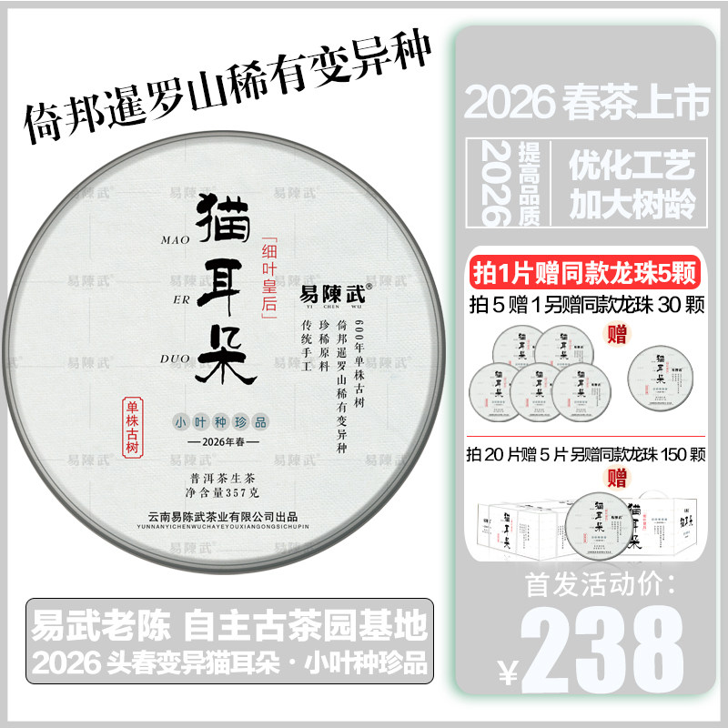 普洱生茶春茶预售2026年倚邦头春变异猫耳朵小叶种600年单株古树