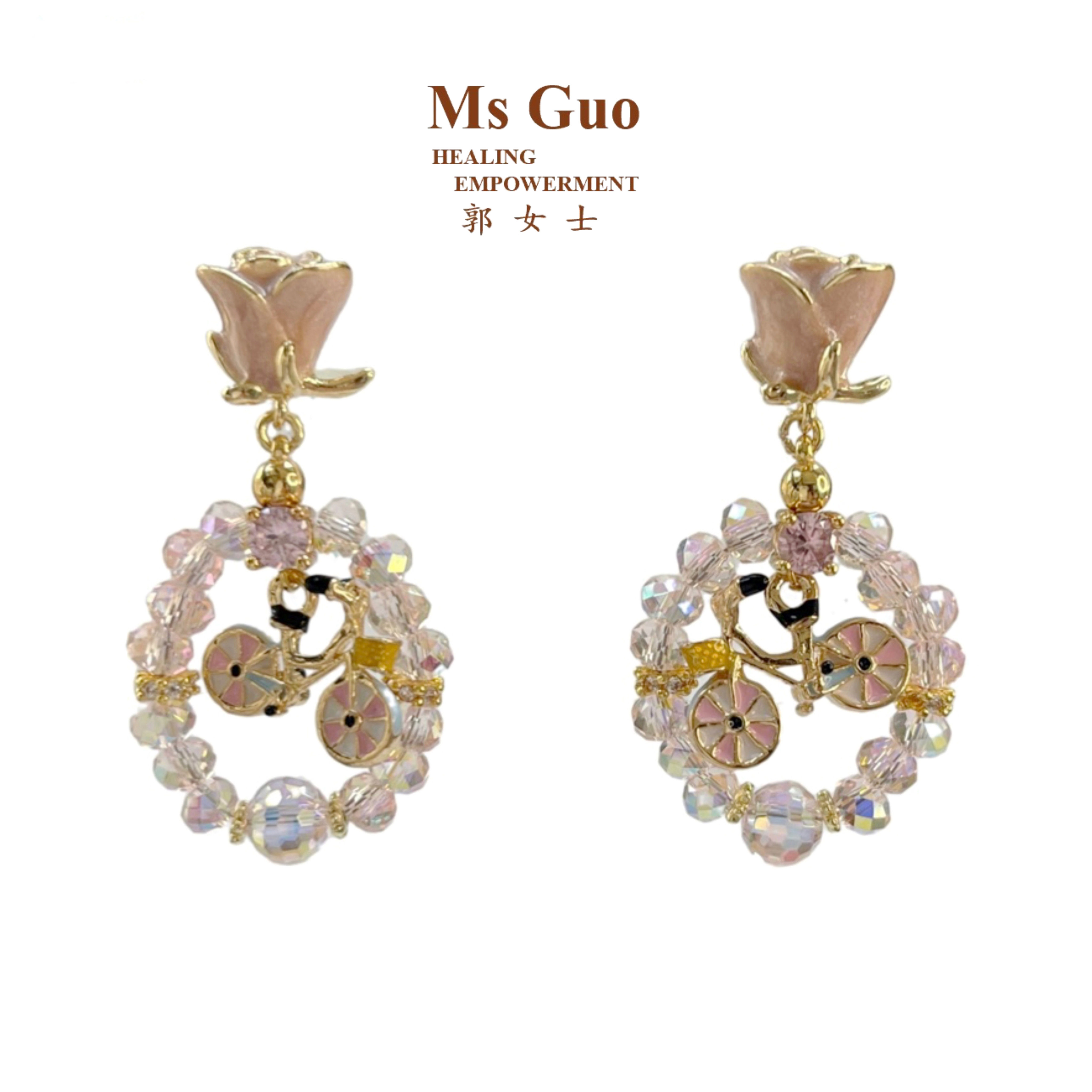MsGuo手工自行车玫瑰珐琅耳环
