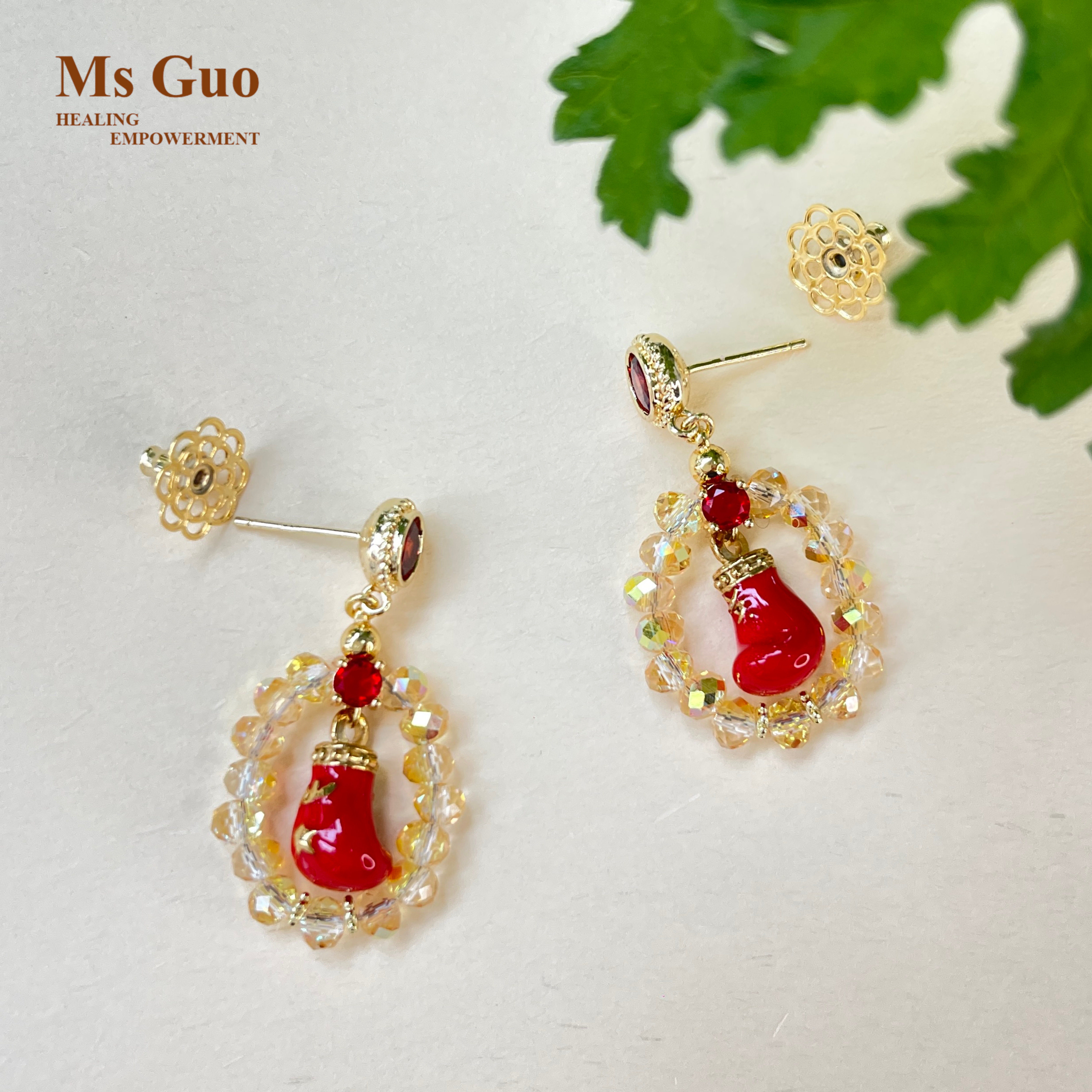 MsGuo手工红色拳击耳环S925银针