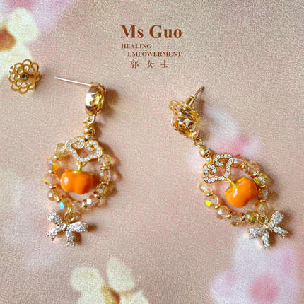 Ms Guo手工柿子耳环金色系春节/婚宴/喜庆配饰S925银水晶滴油珐琅