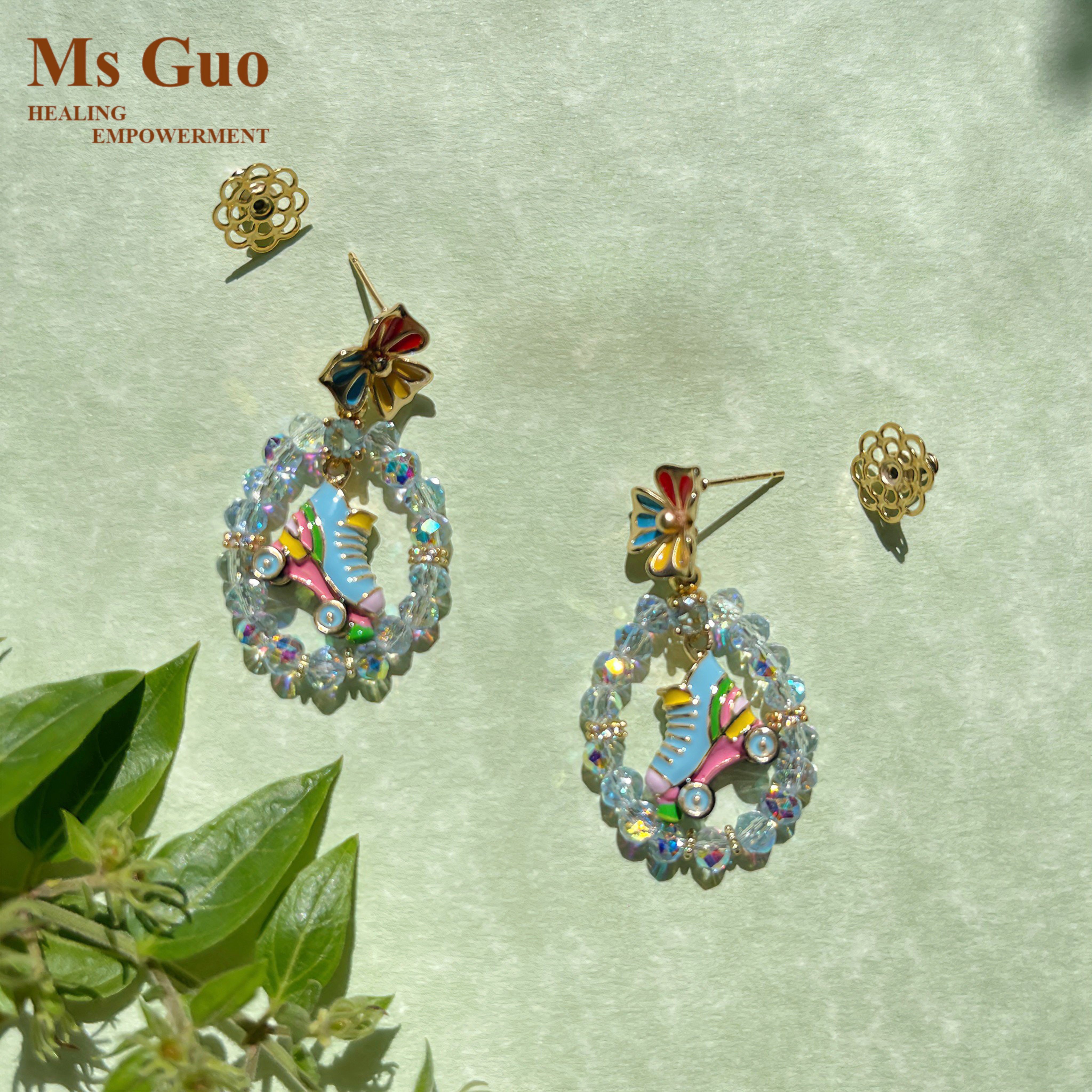 Ms Guo手工蓝色旱冰鞋耳环S925银针水晶赋能耳饰运动/旅行佩戴