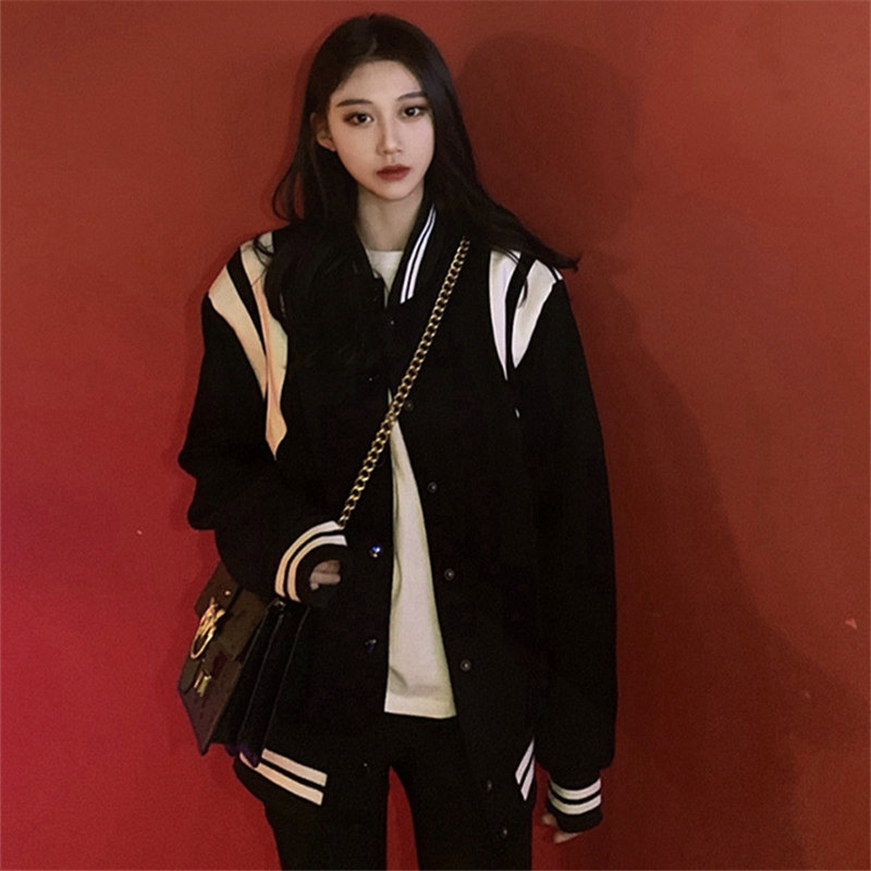 美式黑白拼接开衫棒球服女秋冬季宽松休闲潮