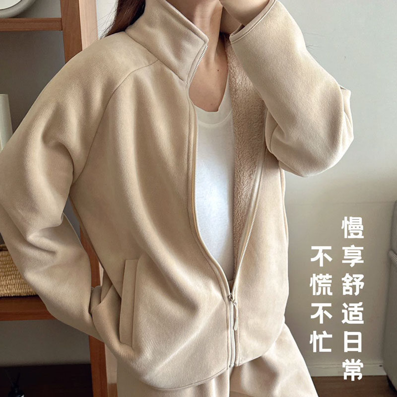 秋冬拉链加绒加厚珊瑚绒睡衣女摇粒绒保暖居家服可外穿家居服套装