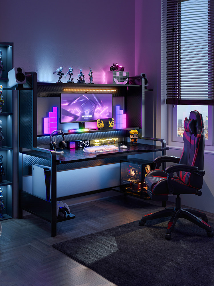 电脑桌台式机可放主机卧室家用小型电脑桌书架一体电竞桌椅套装