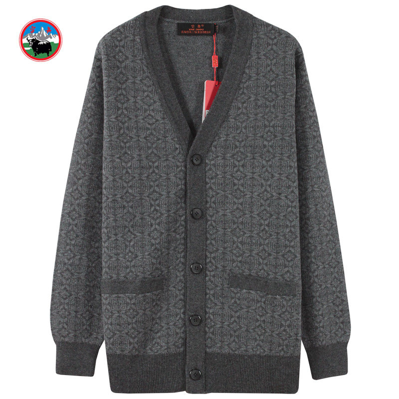 雪舟男士牦牛绒开衫V领春秋冬季针织衫羊毛衫修身保暖毛衣