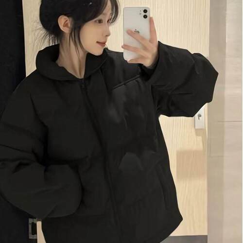 千仞岗冬季新款黑色立领羽绒棉服女大童初中高中学生宽松面包服棉