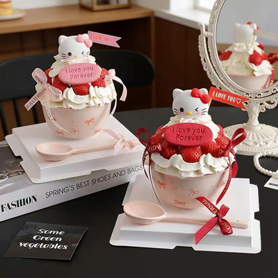 2.14情人节快乐草莓碗蝴蝶结KT猫陶瓷碗蛋糕装饰抱抱碗装扮摆件