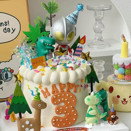 网红儿童生日卡通奥特曼打怪兽蛋糕装饰扭蛋超人恐龙椰树烘焙摆件