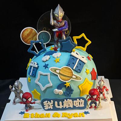 奥特曼蜘蛛侠蛋糕装饰摆件儿童男孩生日派对银河宇宙星球装扮插件