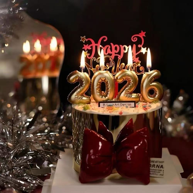 2026马年快乐蛋糕装饰数字蜡烛立体蝴蝶结元旦跨年烘焙装扮插件