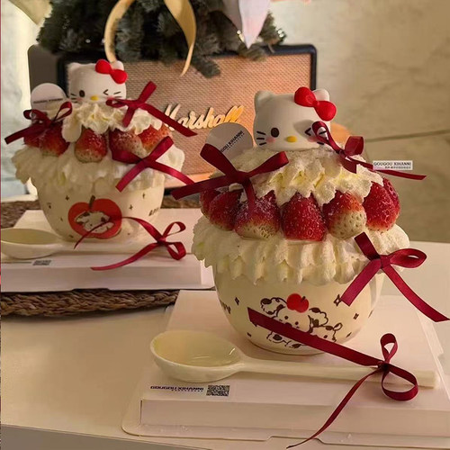 闫狗狗同款圣诞节苹果小狗陶瓷碗草莓蛋糕装饰KT猫甜品碗装扮摆件