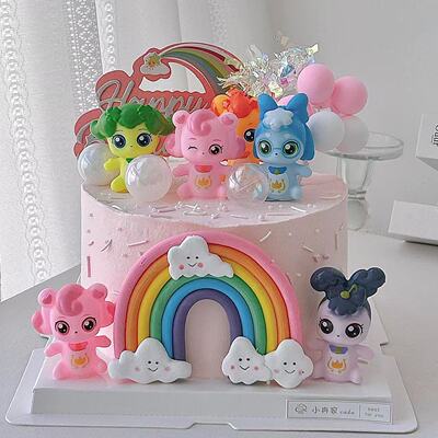 卡通奇妙萌可女孩生日快乐蛋糕装饰爱心云朵彩虹气球烘焙装扮摆件