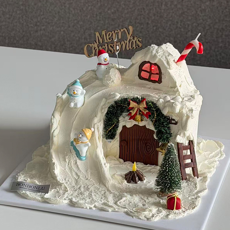 2025圣诞节雪屋微景观滑雪雪人蛋糕装饰摆件拐杖蜡烛烘焙装扮插件